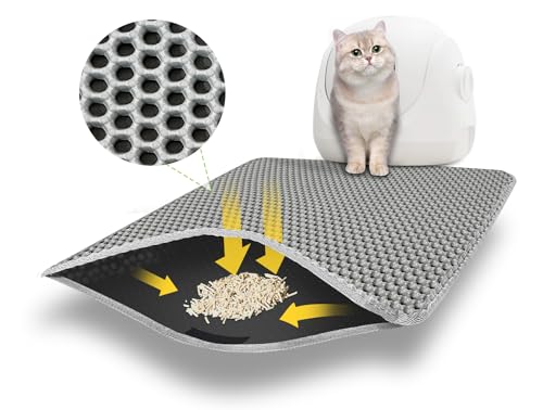 Katzenklo Matte 60x45 CM mit Klettverschluss und Großes Loch Design, Katzenstreu Matte Doppelte Wasserdichte und Rutschfeste, Katzenmatte Katzenklo Ungiftiges Material, Cat Litter Mat Grau von MOSUO