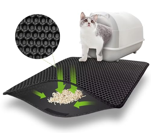 Katzenklo Matte 60x45 CM mit Klettverschluss und Großes Loch Design, Katzenstreu Matte Doppelte Wasserdichte und Rutschfeste, Katzenmatte Katzenklo Ungiftiges Material, Cat Litter Mat Schwarz von MOSUO