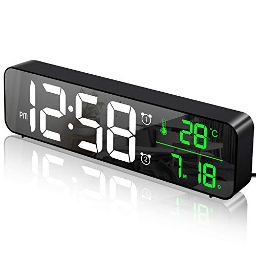 MOSUO Digitaler Wecker, LED Wecker Digital Spiegel Wanduhr Große Ziffern Tischuhr mit Datum Temperaturanzeige, USB Digitalwecker Uhr, 2 Alarmen 40 Musik, Einstellbare Helligkeit, Schwarz von MOSUO