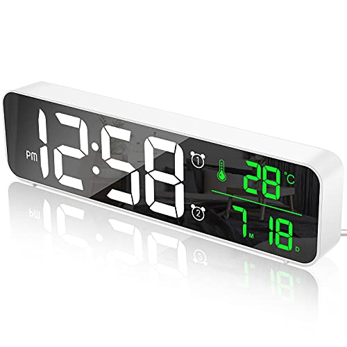 MOSUO Digitaler Wecker, LED Wecker Digital Spiegel Wanduhr Große Ziffern Tischuhr mit Datum Temperaturanzeige, USB Digitalwecker Uhr, 2 Alarmen 40 Musik, Einstellbare Helligkeit, Weiß von MOSUO