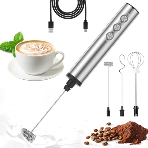 MOSUO Elektrischer Milchaufschäumer, USB Aufladbar Milchaufschäumer Stab mit Doppel-Schneebesen, 3-Gang Handheld Milchaufschäumer, Mini Elektrisch Mixer Aus Edelstahl Für Kaffee/Latte/Cappuccino von MOSUO