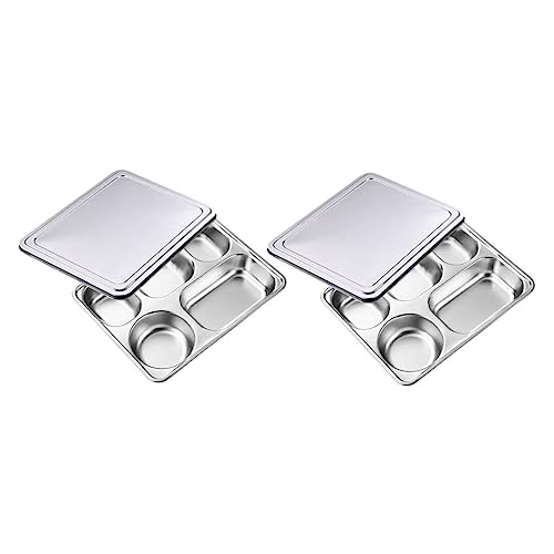 MOTHNUR 2 Sätze Edelstahl Fünf fächer Teller mit Deckel Geteilte Essensschale Langlebig Rostfrei für Camping Picknick Schule Zuhause von MOTHNUR