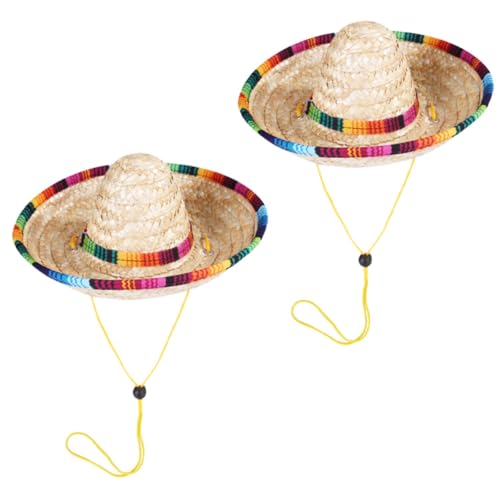 MOTHNUR 2 Stück Verstellbare Mexikanische Hunde Hüte aus Handgewebtem Stroh Bunte Krempe Dekorative Haustier Strohhüte für Kleine Hunde und Welpen für Partys und Fotosessions von MOTHNUR