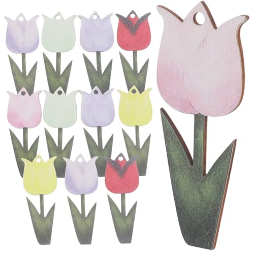 MOTHNUR 24 Stück Teiliges Buntes Tulpenform Hängende DIY Frühlingsdeko Lebensechte Holzornamente für Osterfest Fenster Wanddekoration Farbenfrohe Holzhänger für Zuhause und Party von MOTHNUR