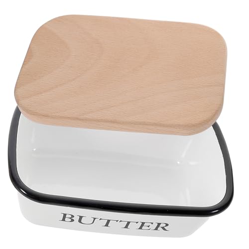 MOTHNUR Emaillierte Butterdose mit Holzdeckel Rechteckige Lebensmittelecht Frische Butteraufbewahrung Praktischer Butterbehälter für Küche und Kühlschrank von MOTHNUR