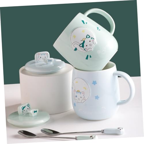 MOTHNUR Keramik Kaffeebecher mit Löffel Katzenmotiv Hitzebeständig Frühstückstasse Dekorativer Milchbecher Geschenk für Frauen und Katzenliebhaber Leicht und Pflegeleicht von MOTHNUR