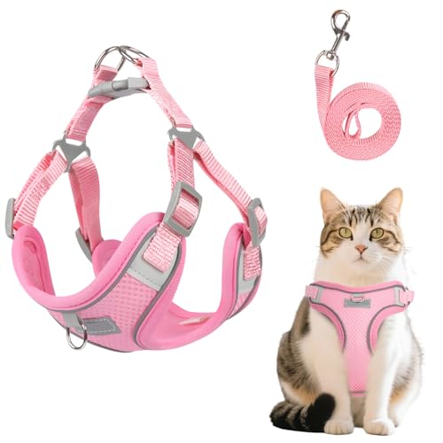 MOTIBACK Katze Komfort Breathable Rosa Katzengeschirr mit Softgeschirr für Brustgeschirr Harness, Verstellbar Katzenleine Essentials für Katzenbesitzer, Katzengeschirr mit Leine Ausbruchsicher (L) von MOTIBACK