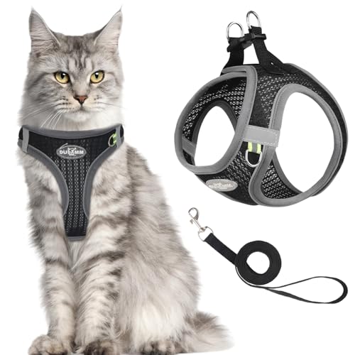 MOTIBACK Katze Komfort Breathable Schwarze Katzengeschirr mit Softgeschirr für Brustgeschirr Harness, Katzengeschirr mit Leine Ausbruchsicher, Verstellbar Katzenleine mit Geschirr für Katzen (M) von MOTIBACK