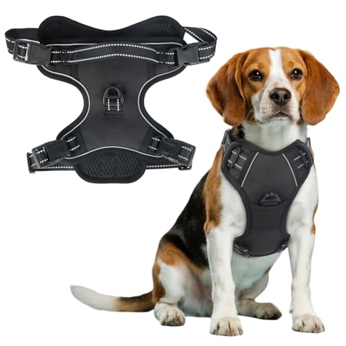 MOTIBACK Schwarz Hundegeschirr Fur Welpen Mittelgroße & Grosse Hunde, Anti Zug Hundegeschirr mit Kontrolle, No Pull Verstellbar Geschirr, Atmungsaktiv Reflexstreifen Brustgeschirr Sichere Führung (S) von MOTIBACK