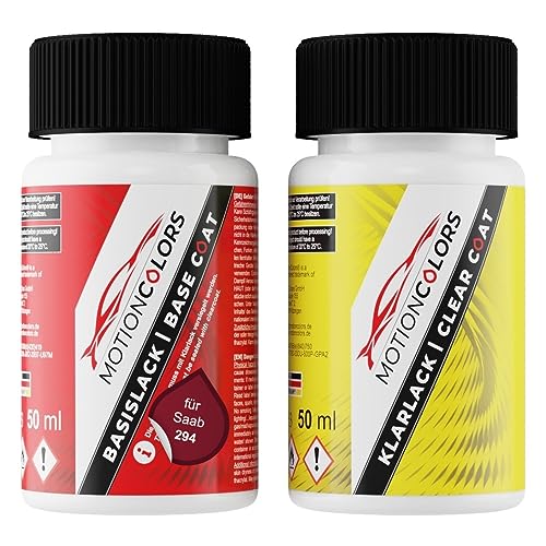 MOTIONCOLORS Chilli Red Pearl/Chilirot Perleffekt 294 für Saab Autolack Lackstift Set Basislack und Klarlack je 50ml von MOTIONCOLORS