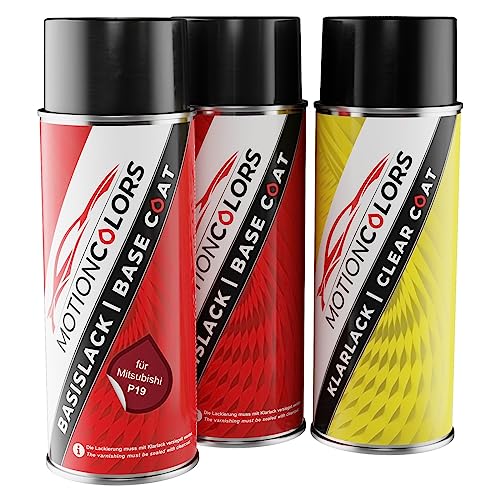 MOTIONCOLORS Red Metallic/Amarena Rot Metallic P19 für Mitsubishi Autolack Sprühdosen Set Grundlack Basislack Klarlack Spraydose 400ml von MOTIONCOLORS