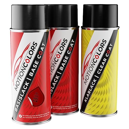 MOTIONCOLORS Rubin Rot Pearl Metallic/Rubin Rot Metallic GDU/ELM für Opel Autolack Sprühdosen Set Grundlack Basislack Klarlack Spraydose 400ml von MOTIONCOLORS