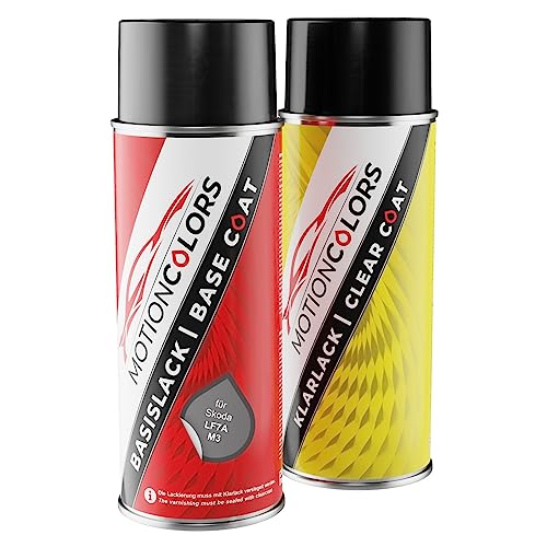 MOTIONCOLORS Steel Grau/Stahlgrau LF7A / M3 für Skoda Autolack Sprühdosen Set Basislack Klarlack Spraydose 400ml von MOTIONCOLORS