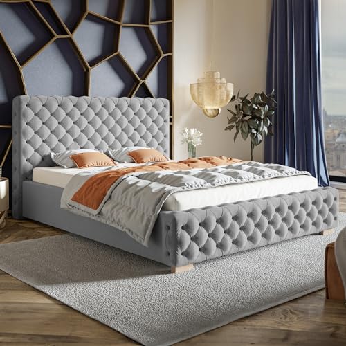 MOTIVENA Adelle Chesterfield Bett 120x200, Polsterbett 120x200 mit Bettkasten, Polsterbett 120x200 mit Stauraum, Polsterbett 120x200 Samt, mit Lattenrost, mit Kopfteil, ohne Matratze, Grau Hellgrau von MOTIVENA