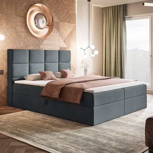 MOTIVENA Alfa Boxspringbett 120x200 mit Bettkasten und Topper, Polsterbett 120x200 mit Bettkasten, Taschenfederkern-Matratze (H3), T28 Komfortschaumstoff Topper (H3), Samt, Grau (Anthrazit) von MOTIVENA