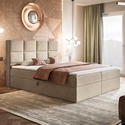 MOTIVENA Alfa Boxspringbett 140x200 mit Bettkasten und Topper, Polsterbett 140x200 mit Bettkasten, Taschenfederkern-Matratze (H3), T28 Komfortschaumstoff Topper (H3), Samt, Beige von MOTIVENA