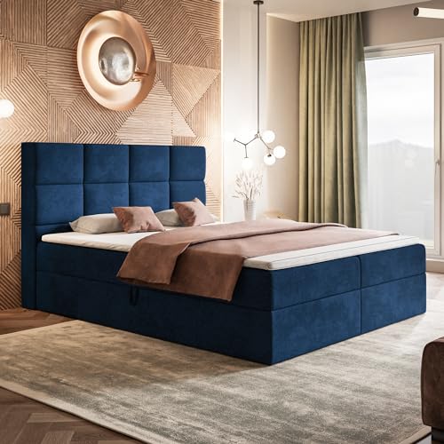 MOTIVENA Alfa Boxspringbett 140x200 mit Bettkasten und Topper, Polsterbett 140x200 mit Bettkasten, Taschenfederkern-Matratze (H3), Visco Memory-Foam Topper (H2), Samt, Blau (Dunkelblau) von MOTIVENA