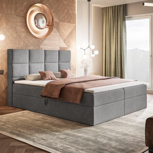 MOTIVENA Alfa Boxspringbett 180x200 mit Bettkasten und Topper, Polsterbett 180x200 mit Bettkasten, Bonellfederkern-Matratze (H4), T28 Komfortschaumstoff Topper (H3), Samt, Grau (Hellgrau) von MOTIVENA