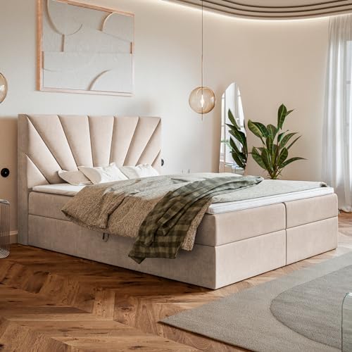 MOTIVENA Aspen Boxspringbett 140x200 mit Bettkasten und Topper, Polsterbett 140x200 mit Bettkasten, Taschenfederkern-Matratze (H3), Visco Memory-Foam Topper (H2), Samt, Beige (Creme) von MOTIVENA