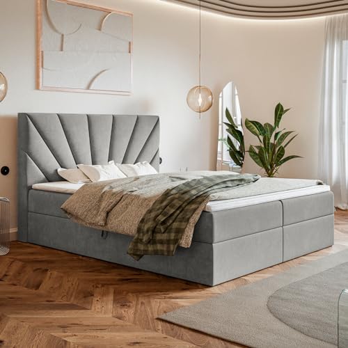 MOTIVENA Aspen Boxspringbett 140x200 mit Bettkasten und Topper, Polsterbett 140x200 mit Bettkasten, Taschenfederkern-Matratze (H3), Visco Memory-Foam Topper (H2), Samt, Grau (Hellgrau) von MOTIVENA