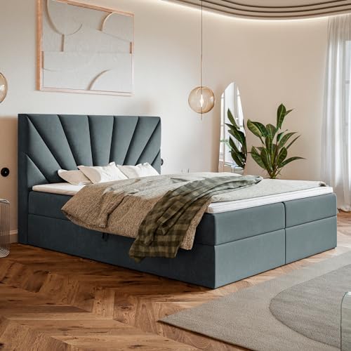 MOTIVENA Aspen Boxspringbett 160x200 mit Bettkasten und Topper, Polsterbett 160x200 mit Bettkasten, Bonellfederkern-Matratze (H4), T28 Komfortschaumstoff Topper (H3), Samt, Grau (Anthrazit) von MOTIVENA