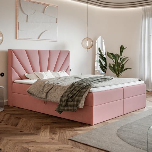 MOTIVENA Aspen Boxspringbett 160x200 mit Bettkasten und Topper, Polsterbett 160x200 mit Bettkasten, Taschenfederkern-Matratze (H3), T28 Komfortschaumstoff Topper (H3), Samt, Rosa (Pink) von MOTIVENA