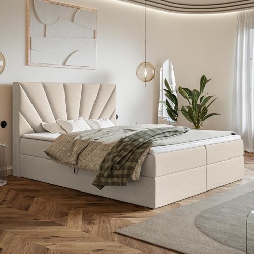 MOTIVENA Aspen Boxspringbett 180x200 mit Bettkasten und Topper, Polsterbett 180x200 mit Bettkasten, Bonellfederkern-Matratze (H4), T28 Komfortschaumstoff Topper (H3), Boucle, Beige von MOTIVENA