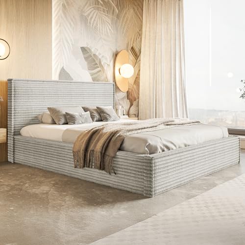 MOTIVENA Boho Polsterbett 120x200 mit Bettkasten, mit Stauraum, Bett Kopfteil Cord, Matratze H2/H3, Bett Cord, Grau Hellgrau MOTIVENA Boho Polsterbett 120x200 mit Bettkasten, mit Stauraum, Bett Kopfteil Cord, Matratze H2/H3, Bett Cord, Grau Hellgrau von MOTIVENA