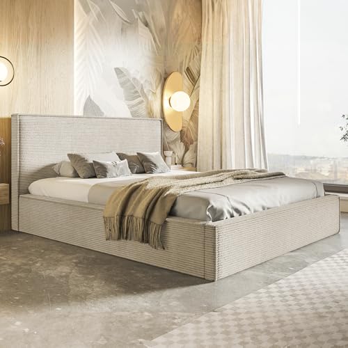 MOTIVENA Boho Polsterbett 160x200 mit Bettkasten, mit Stauraum, Bett Kopfteil Cord, ohne Matratze, Bett Cord, Beige Creme von MOTIVENA