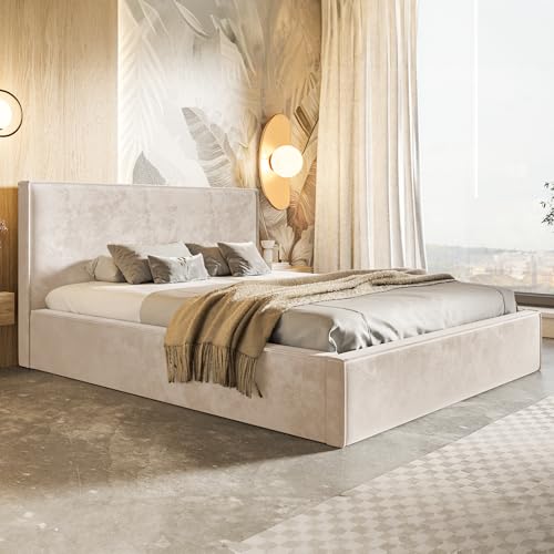 MOTIVENA Boho Polsterbett 160x200 mit Bettkasten, mit Stauraum, Bett Kopfteil Samt, Matratze H3/H4, Bett Samt, Beige Creme MOTIVENA Boho Polsterbett 160x200 mit Bettkasten, mit Stauraum, Bett Kopfteil Samt, Matratze H3/H4, Bett Samt, Beige Creme von MOTIVENA