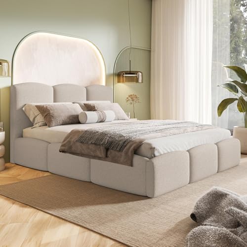 MOTIVENA Cloud Bubble Bett 160x200, Polsterbett 160x200, mit Bettkasten, mit Stauraum, mit Lattenrost, mit Kopfteil, Matratze H3, Bett Boucle, Beige MOTIVENA Cloud Bubble Bett 160x200, Polsterbett 160x200, mit Bettkasten, mit Stauraum, mit Lattenrost, mit Kopfteil, Matratze H3, Bett Boucle, Beige von MOTIVENA