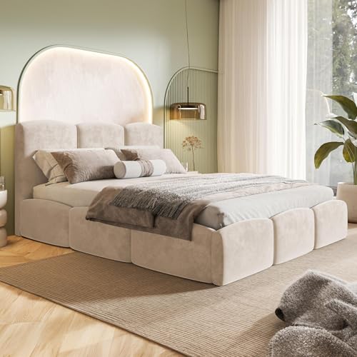 MOTIVENA Cloud Bubble Bett 200x200, Polsterbett 200x200, mit Bettkasten, mit Stauraum, mit Lattenrost, mit Kopfteil, ohne Matratze, Bett Samt, Beige Creme MOTIVENA Cloud Bubble Bett 200x200, Polsterbett 200x200, mit Bettkasten, mit Stauraum, mit Lattenrost, mit Kopfteil, ohne Matratze, Bett Samt, Beige Creme von MOTIVENA
