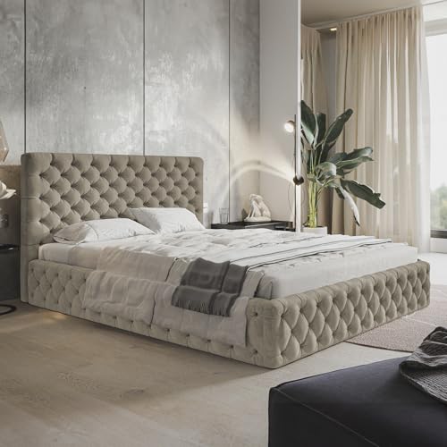 MOTIVENA Dalia Chesterfield Bett 120x200, Chesterfield Polsterbett, Polsterbett 120x200 Samt, mit Bettkasten, mit Stauraum, mit Lattenrost, mit Kopfteil, Matratze H3/H3, Beige Creme MOTIVENA Dalia Chesterfield Bett 120x200, Chesterfield Polsterbett, Polsterbett 120x200 Samt, mit Bettkasten, mit Stauraum, mit Lattenrost, mit Kopfteil, Matratze H3/H3, Beige Creme von MOTIVENA