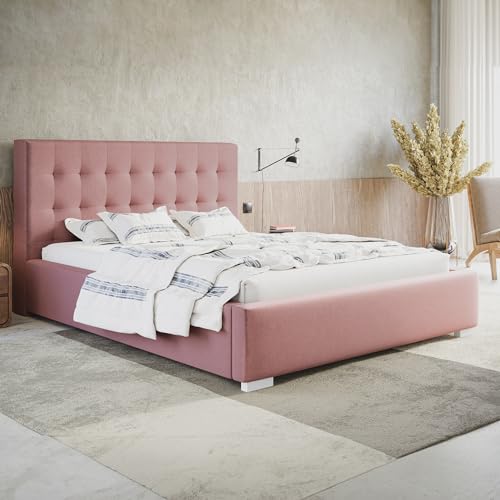 MOTIVENA Deli Polsterbett 120x200 mit Bettkasten, Bett 120x200 mit Lattenrost, Bett 120x200 mit Stauraum, Stauraumbett 120x200, mit Kopfteil, ohne Matratze, Samt, Rosa (Pink) von MOTIVENA