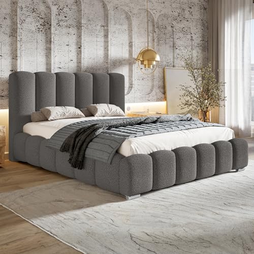 MOTIVENA Grand Bubble Bett 140x200, Polsterbett 140x200 mit Bettkasten, Polsterbett 140x200 mit Stauraum, Polsterbett 140x200 Boucle, mit Lattenrost, mit Kopfteil, ohne Matratze, Grau Anthrazit von MOTIVENA