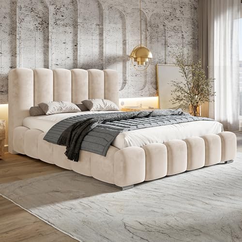 MOTIVENA Grand Bubble Bett 140x200, Polsterbett 140x200 mit Bettkasten, Polsterbett 140x200 mit Stauraum, Polsterbett 140x200 Samt, mit Lattenrost, mit Kopfteil, ohne Matratze, Beige Creme von MOTIVENA