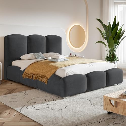 MOTIVENA Hilton Bubble Bett 160x200, Polsterbett 160x200, mit Bettkasten, mit Stauraum, mit Lattenrost, mit Kopfteil, Matratze H3/H4, Bett Samt, Grau Anthrazit von MOTIVENA