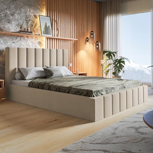 MOTIVENA Ibiza Bett 120x200, Polsterbett 120x200, mit Bettkasten, mit Stauraum, mit Lattenrost, mit Kopfteil, Matratze H2/H3, Samt, Beige MOTIVENA Ibiza Bett 120x200, Polsterbett 120x200, mit Bettkasten, mit Stauraum, mit Lattenrost, mit Kopfteil, Matratze H2/H3, Samt, Beige von MOTIVENA