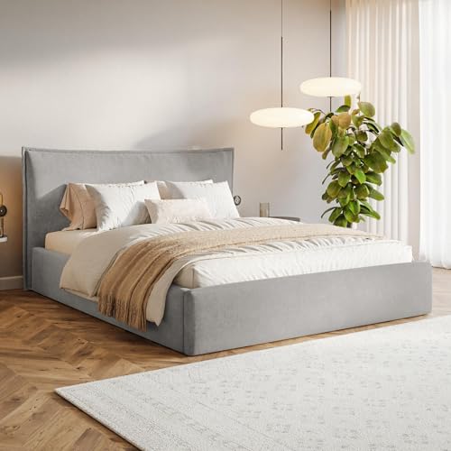 MOTIVENA Leno Bett 160x200, Polsterbett 160x200 Samt, mit Bettkasten, mit Stauraum, mit Lattenrost, mit Kopfteil, ohne Matratze, Grau (Hellgrau) von MOTIVENA
