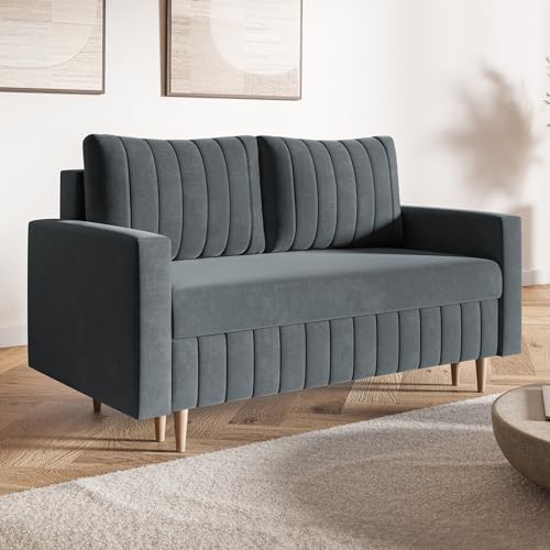 MOTIVENA Leo 2 Sitzer Sofa mit Schlaffunktion, Schlafsofa 160 cm Breit, Sofa 2 Sitzer, 2er Sofa, Sofa Klein, Keine Couch, Schlafsofa 2 Sitzer, Bonellfederkern (H4), Samt Sofa Anthrazit von MOTIVENA