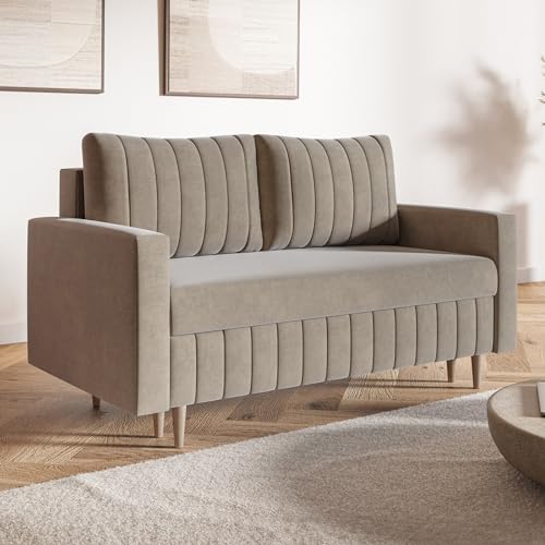 MOTIVENA Leo 2 Sitzer Sofa mit Schlaffunktion, Schlafsofa 160 cm Breit, Sofa 2 Sitzer, 2er Sofa, Sofa Klein, Keine Couch, Schlafsofa 2 Sitzer, Bonellfederkern (H4), Samt Sofa Beige von MOTIVENA