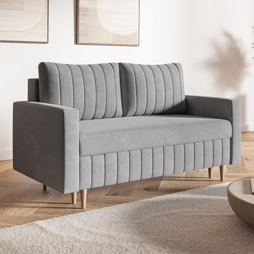 MOTIVENA Leo 2 Sitzer Sofa mit Schlaffunktion, Schlafsofa 160 cm Breit, Sofa 2 Sitzer, 2er Sofa, Sofa Klein, Keine Couch, Schlafsofa 2 Sitzer, Bonellfederkern (H4), Samt Sofa Grau von MOTIVENA