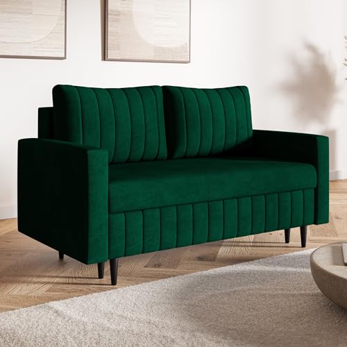 MOTIVENA Leo 2 Sitzer Sofa mit Schlaffunktion, Schlafsofa 160 cm Breit, Sofa 2 Sitzer, 2er Sofa, Sofa Klein, Keine Couch, Schlafsofa 2 Sitzer, Bonellfederkern (H4), Samt Sofa Grün von MOTIVENA