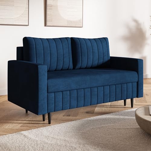 MOTIVENA Leo 2 Sitzer Sofa mit Schlaffunktion, Schlafsofa 160 cm Breit, Sofa 2 Sitzer, 2er Sofa, Sofa Klein, Keine Couch, Schlafsofa 2 Sitzer, Taschenfederkern (H3), Samt Sofa Blau von MOTIVENA