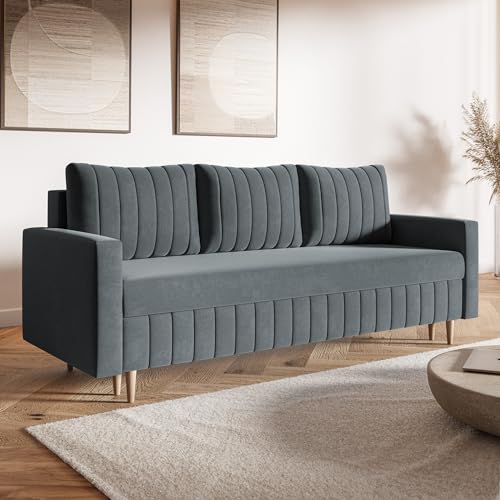 MOTIVENA Leo Sofagarnituren, 3 Sitzer Sofa mit Bettfunktion, Schlafsofa 215 cm Breit, Klappsofa mit Schlaffunktion, Bettsofa mit Schlaffunktion, Bonellfederkern (H4), Samt Sofa Anthrazit von MOTIVENA