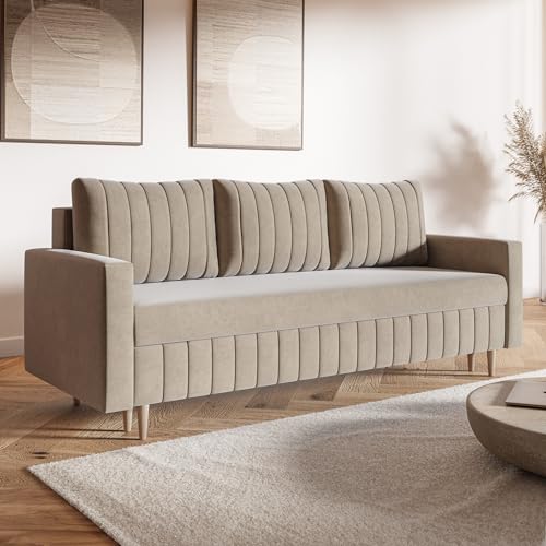 MOTIVENA Leo Sofagarnituren, 3 Sitzer Sofa mit Bettfunktion, Schlafsofa 215 cm Breit, Klappsofa mit Schlaffunktion, Bettsofa mit Schlaffunktion, Bonellfederkern (H4), Samt Sofa Beige von MOTIVENA