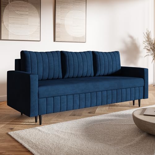 MOTIVENA Leo Sofagarnituren, 3 Sitzer Sofa mit Bettfunktion, Schlafsofa 215 cm Breit, Klappsofa mit Schlaffunktion, Bettsofa mit Schlaffunktion, Bonellfederkern (H4), Samt Sofa Blau von MOTIVENA