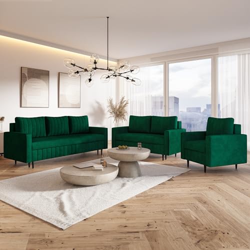 MOTIVENA Leo Sofagarnituren, Sofa Set 3 2 1 Wohnzimmer, Sofa 3 2 1 Set, Couch Set, Futon Set, Wohnzimmer Couch Set, Couch 3 2 1 Set, Taschenfederkern (H3), Samt, Grün Dunkelgrün von MOTIVENA