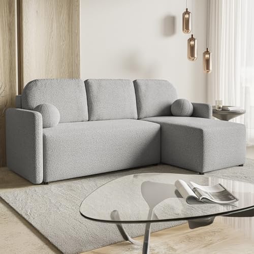 MOTIVENA Madera Ecksofa mit Schlaffunktion und Bettkasten, L Form, 3 Sitzer, Schlafsofa mit Bettkasten, L Couch, Cloud Couch, Boucle Sofa Hellgrau von MOTIVENA