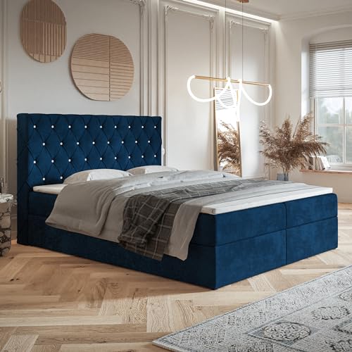 MOTIVENA Malta Boxspringbett 140x200 mit Bettkasten und Topper, Polsterbett 140x200 mit Bettkasten, Taschenfederkern-Matratze (H3), T28 Schaumstoff Topper (H3), mit Strass, Samt, Blau (Dunkelblau) von MOTIVENA